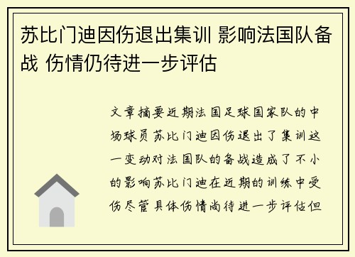 苏比门迪因伤退出集训 影响法国队备战 伤情仍待进一步评估 苏比门迪因伤退出集训 影响法国队备战 伤情仍待进一步评估