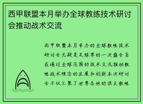 西甲联盟本月举办全球教练技术研讨会推动战术交流 西甲联盟本月举办全球教练技术研讨会推动战术交流