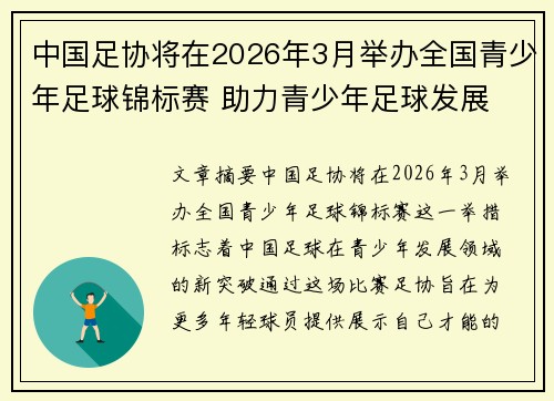 中国足协将在2026年3月举办全国青少年足球锦标赛 助力青少年足球发展